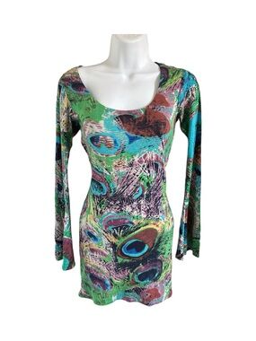 Sky Peacock 90s Y2K Mini Dress with Braided Tan Suede Straps Lined Size S